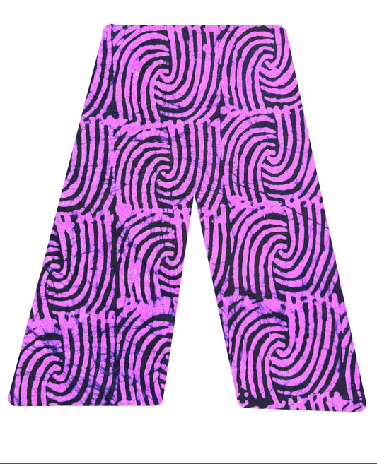 This is our traditional trousers. They are made from cotton. The pattern consists of multiple lines joined together in violet on a navy blue background